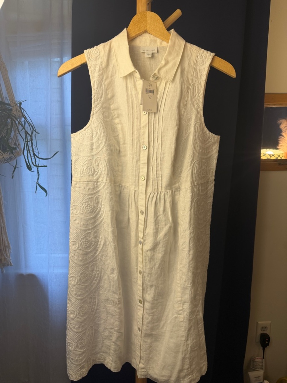 J Jill sleevesa White linen Button-Front Embroidered Midi‎ Dress S